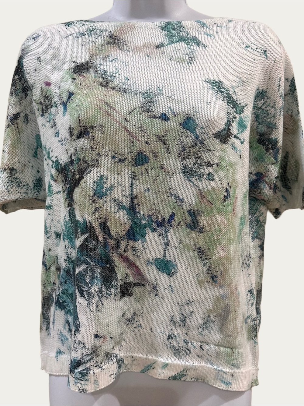 Luisa Ricci Abstract Floral Boat Neck Bat Wing Short Sleeve Knit Sweater SM